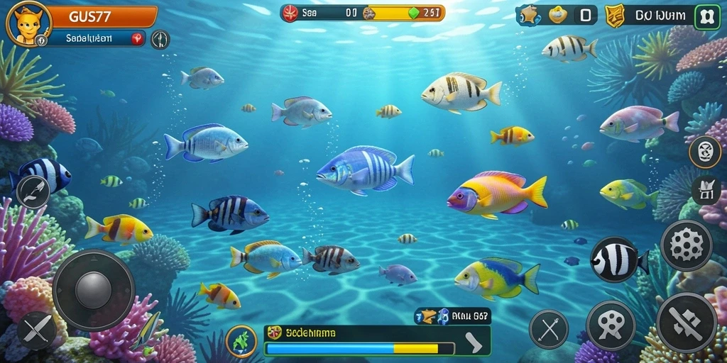 Tangkapan layar GUS77 menampilkan aksi seru dalam menembak ikan.