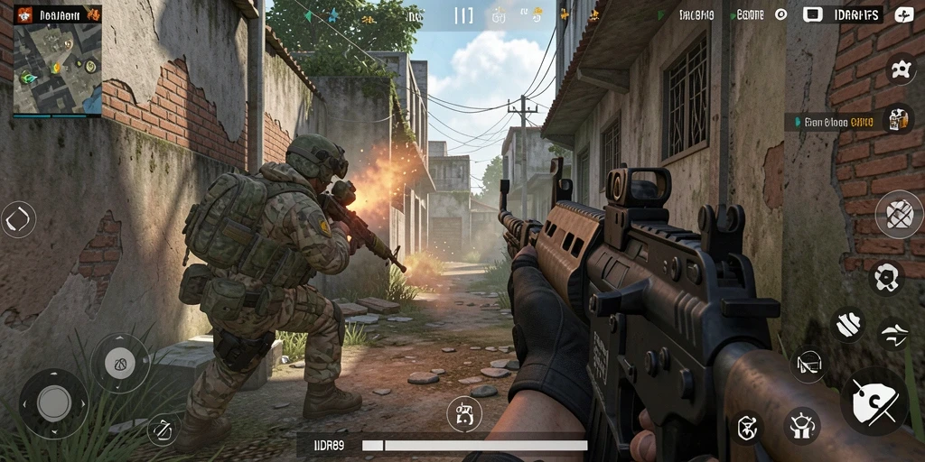 Screenshot game IDR89 menampilkan aksi tembak-menembak yang intens di medan perang.