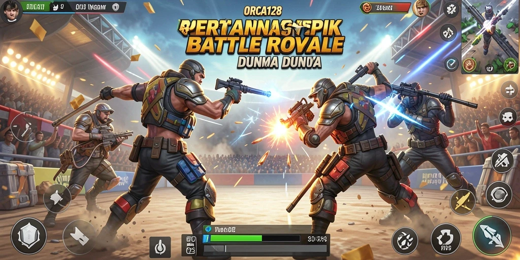 Screenshot gameplay ORCA128, menampilkan aksi seru dalam Battle Royale.