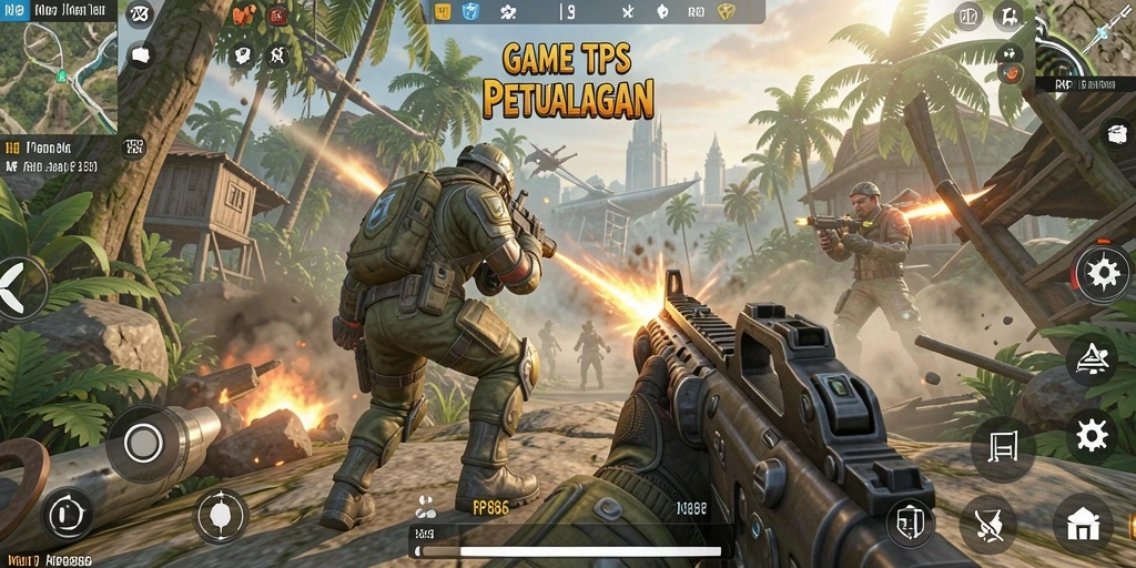 Tangkapan layar utama menunjukkan aksi seru dalam game TPS.